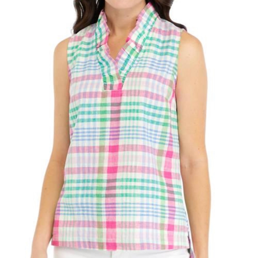 NWT Crown & Ivy Pink and Green Multi Plaid Sleeveless Linen Blend Top Size XL